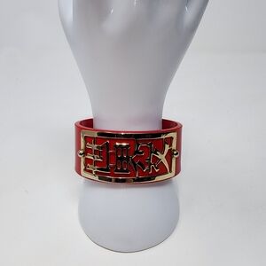 Vintage Asian Inspired Cuff Bracelet with Gold Tone Metal Chinese Characters